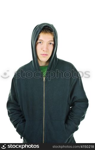 Serious young man standing wearing hoodie isolated on white background