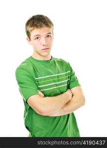Serious young man standing with arms crossed isolated on white background