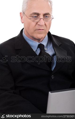 Seriously working business man over isolated background