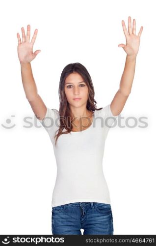 Seriously young girl with her arms up isolated on a white background&#xA;