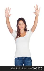 Seriously young girl with her arms up isolated on a white background&#xA;