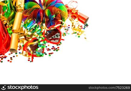 Serpentine, garlands, streamer and confetti. Carnival party decoration. Mardi gras