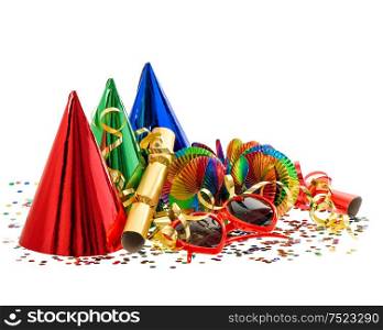 Serpentine, garlands, streamer, confetti. Carnival party decoration. Mardi gras