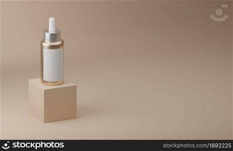 Serum bottle with pipette and white label sticker isolated on beige background. 3d realistic illustration. Mockup cosmetic container. Serum bottle 3d.
