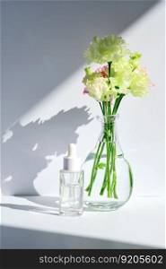 Serum with a dropper with beautiful spring flowers.. Serum with a dropper with spring flowers.
