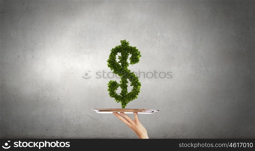 Serve money concept. Hand of waiter holding tray with green dollar