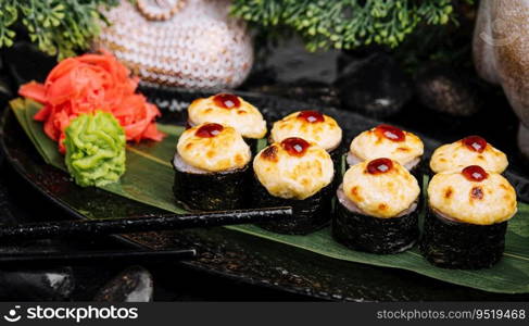 Served warm sushi rolled in nori sheets with ginger and wasabi on a black stone plate