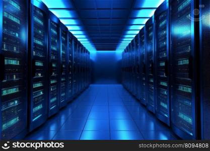 Server blue room. Cloud ai centre. Generate Ai. Server blue room. Generate Ai