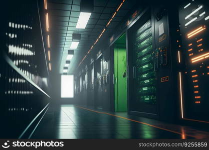 Server racks in computer network security server room data center. Neural network AI generated art. Server racks in computer network security server room data center. Neural network generated art