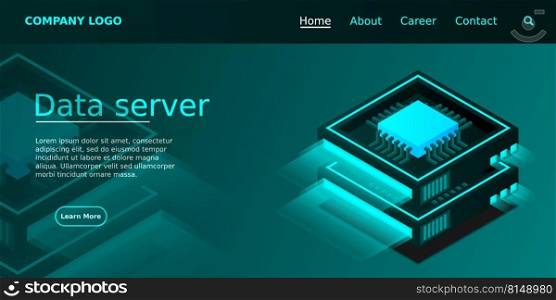Server room banner, web hosting and processing of big data concept, isometric vector illustration