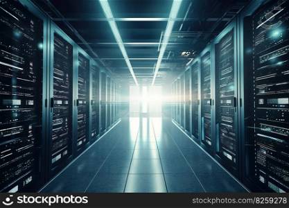 Server room of storage systems and connect of data on internet network business. Generative AI.