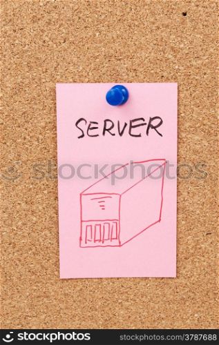 Server word and symbol drawn on paper and pinned on cork board