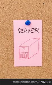 Server word and symbol drawn on paper and pinned on cork board