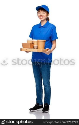 service and job concept - happy smiling delivery woman in blue uniform with takeaway food and drinks in disposable cups and boxes over white background. delivery woman with takeaway food and drinks