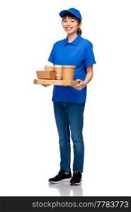service and job concept - happy smiling delivery woman in blue uniform with takeaway food and drinks in disposable cups and boxes over white background. delivery woman with takeaway food and drinks