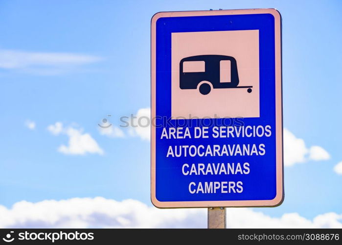 Service area sign for caravans in Spain. Service area sign for campers in Spain