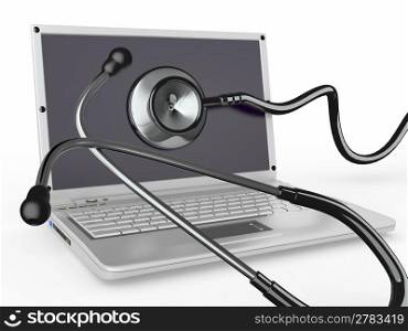 Service for laptop repair. Laptop with stethoscope. 3d