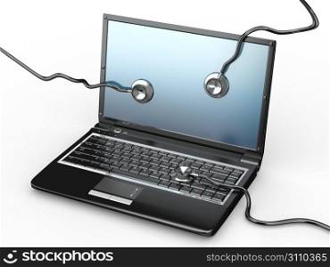 Service for laptop repair. Laptop with stethoscope. 3d