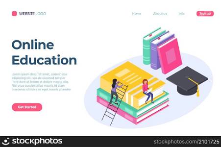 Service of online education isometric landing page. Vector training education student, isometric style college distance teaching illustration. Service of online education isometric landing page