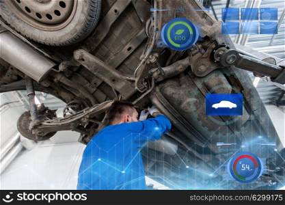 service, repair, maintenance and people concept - auto mechanic man or smith repairing car at workshop. mechanic man or smith repairing car at workshop