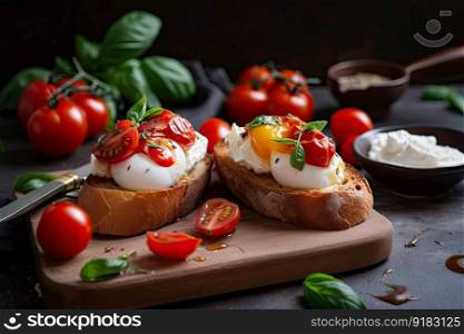 serving of brushetta with juicy cherry tomatoes, fragrant basil and creamy burrata cheese, created with generative ai. serving of brushetta with juicy cherry tomatoes, fragrant basil and creamy burrata cheese