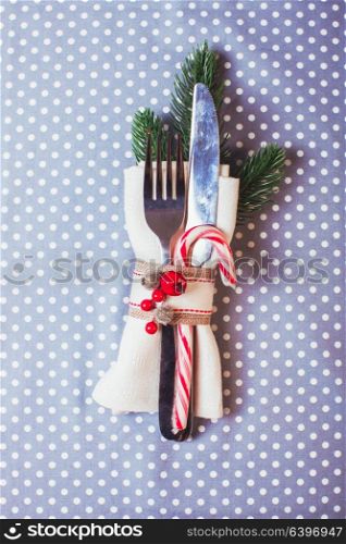 Serving table Christmas. Serving table Christmas with rings and candy stuff on polka dot tablecloth