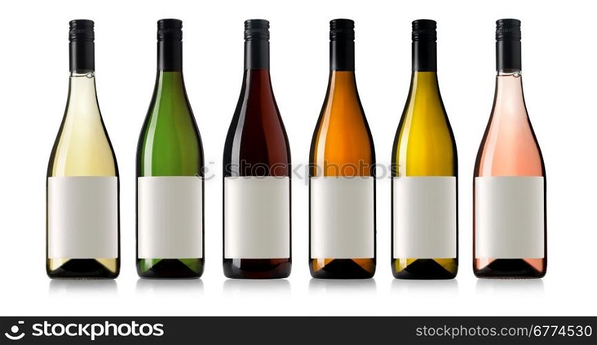 Set 6 bottles of wine with white labels isolated on white background.
