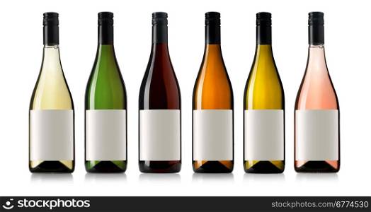 Set 6 bottles of wine with white labels isolated on white background.