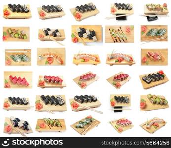 Set Asian food sushi on wooden plate isolated on white background