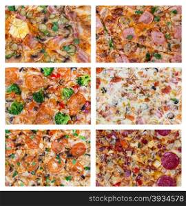 set background with different slices of pizzas closeup from top. for advertisement or web design, promo, special price