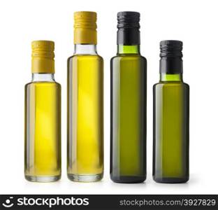 Set bottles of virgin olive oil on a white ground
