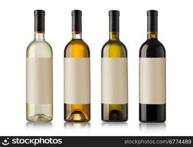 Set bottles of wine with white labels isolated on white background.