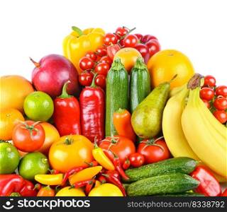 Set bright ripe fruits and vegetables isolated on white background.