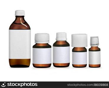 Set brown medicine bottle with label isolated on white background