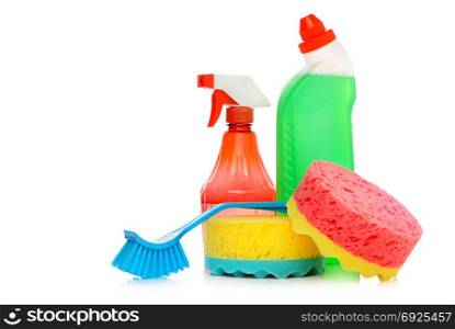 Set cleaners isolated on white background. Detergent, sponges, brush, napkins