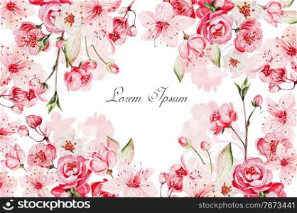 Set, collection of Cherry flowers, petals and leaves in watercolor style isolated on white background. Ilustration.. Set, collection of Cherry flowers, petals and leaves in watercolor style isolated on white background.