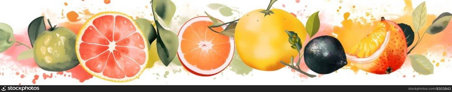 Set collection of different citruses and fruits on wide long banner watercolor illustration background. AI Generative content