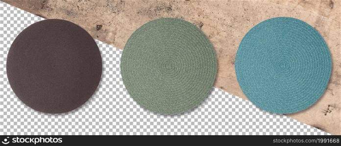 Set colored Round woven straw mats isolated against transparent background.