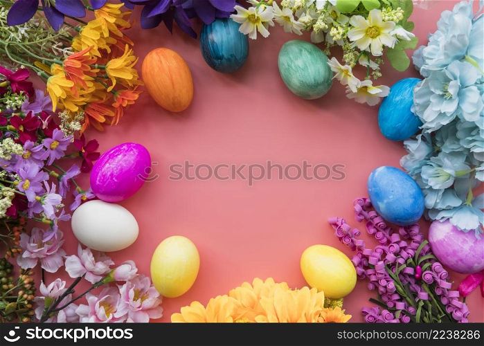 set easter eggs different fresh flowers