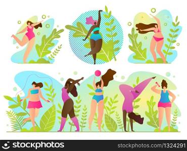 Set Exercise in Fresh Air Vector Illustration. Outdoor Activities or Vacation. Girls Train and Keep Fit their Body. Women Dance or Move Actively. Energetic Aerobics against Background Trees.