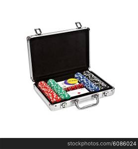 set for poker in suitcase isolated on white background