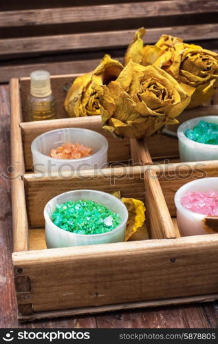 Set for Spa treatments. Mineral flavored salt for relaxation and massage in retro style