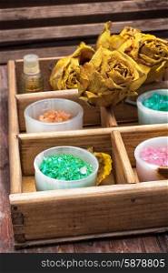 Set for Spa treatments. Mineral flavored salt for relaxation and massage in retro style