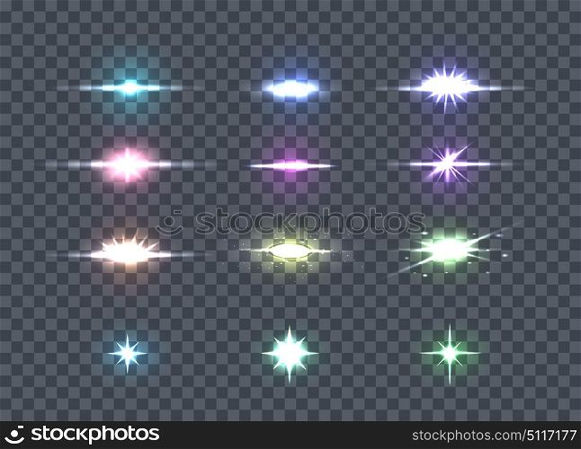 Set Glows Bright Star Lights. Glowing Stars. Set glows bright star lights. Glowing stars, sparkles, light flashes, shiny glitter on transparency. Glow bright star light firework. Glow, sparkle illuminated, flare effect, shine explosion. Vector