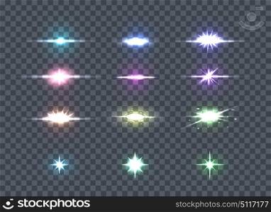 Set Glows Bright Star Lights. Glowing Stars. Set glows bright star lights. Glowing stars, sparkles, light flashes, shiny glitter on transparency. Glow bright star light firework. Glow, sparkle illuminated, flare effect, shine explosion. Vector