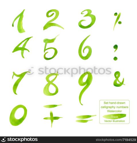 Set hand-drawn calligraphy numbers and symbols. Watercolor. Trace. Isolated on white. illustration.. Set hand-drawn calligraphy numbers and symbols. Watercolor.