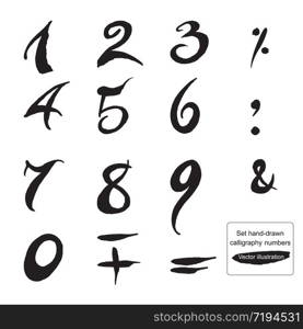 Set hand-drawn ink calligraphy numbers and symbols. Trace. Isolated on white. Black and white. illustration. Best for your design, prints, textiles, tattoos. Set hand-drawn ink calligraphy numbers and symbols.