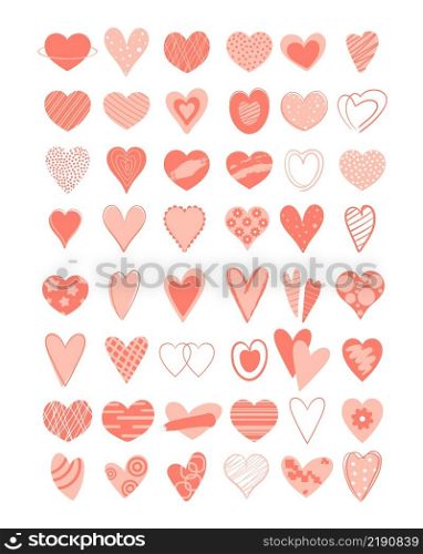 Set hearts hand drawn vector illustration. A large collection delicate beautiful decorated hearts. Romantic elements for postcards, symbol love. Set hearts hand drawn vector illustration