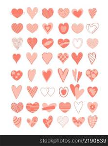 Set hearts hand drawn vector illustration. A large collection delicate beautiful decorated hearts. Romantic elements for postcards, symbol love. Set hearts hand drawn vector illustration