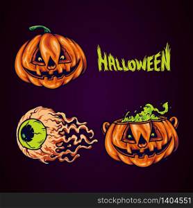 Set Illustration Spooky Pumpkin Face Halloween party